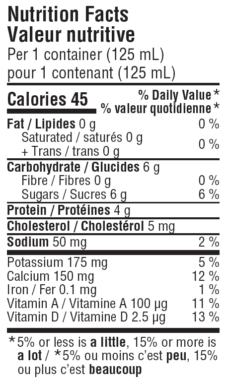 Nutritional Facts for 125ML SKIM MILK SEALTEST