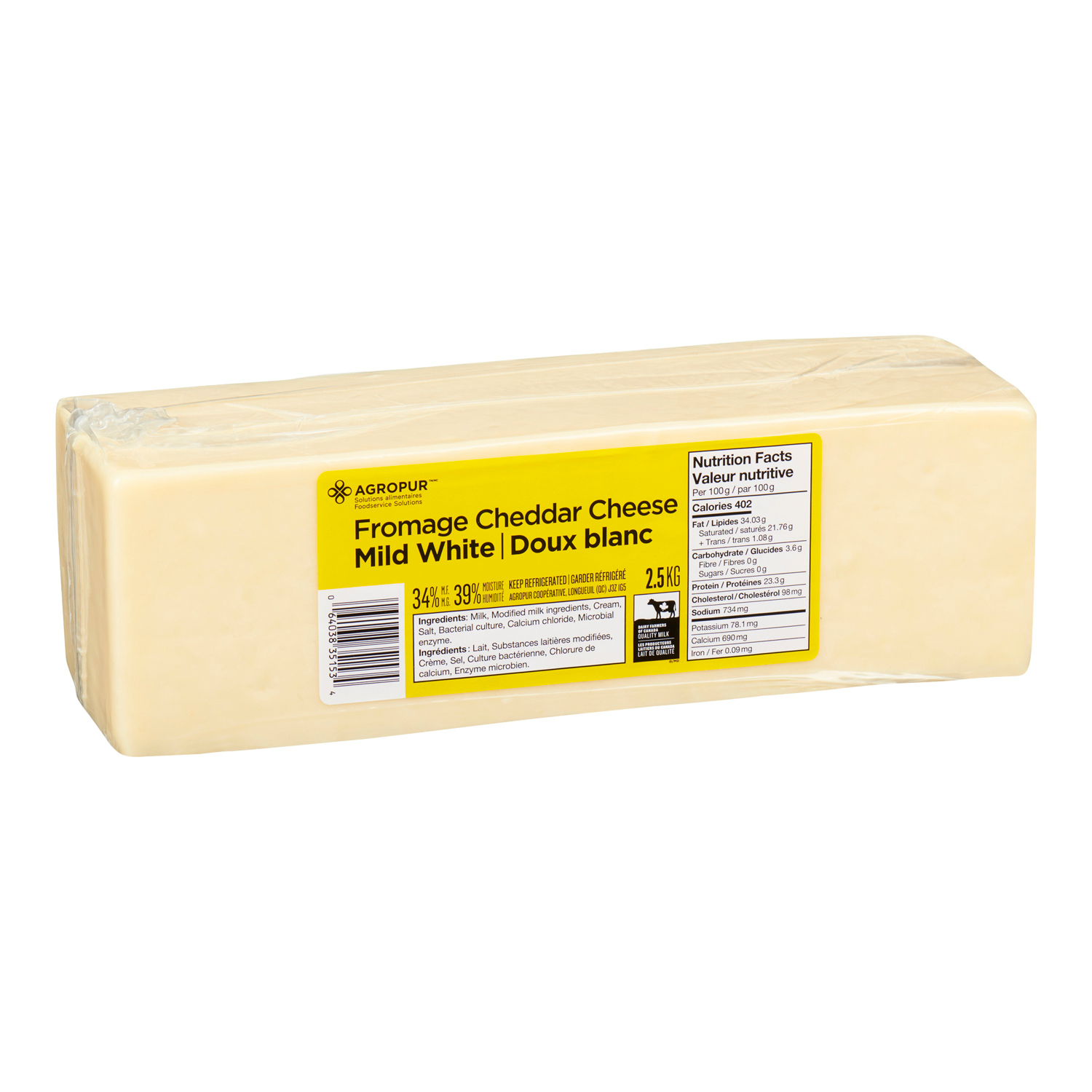 FROMAGE CHEDDAR DOUX BLANC, 34% M.G. 39% HUM, VAR. 4X2.5KG