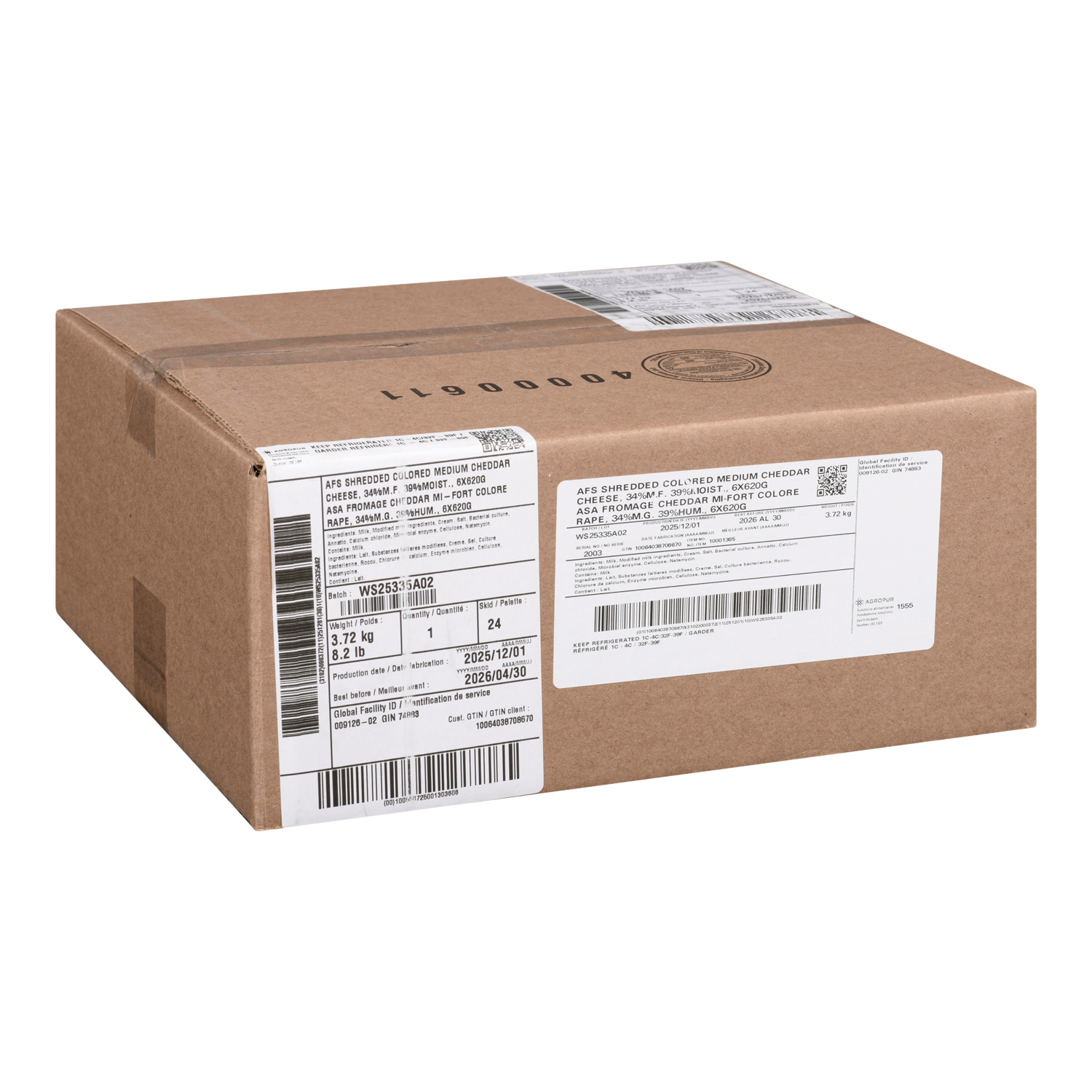 SHREDDED COLOURED MEDIUM CHEDDAR CHEESE, 34%M.F. 39%MOIST., 6X620G-Box