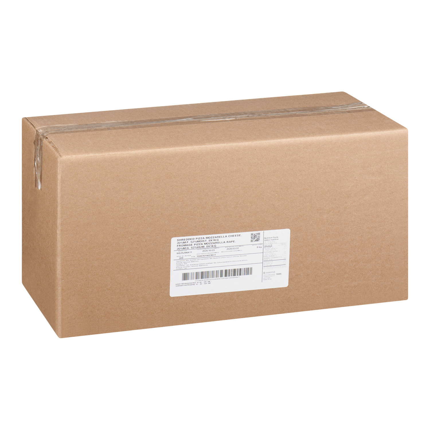 FROMAGE PIZZA MOZZARELLA RÂPÉ, 20% M.G. 52% HUM., 8X1KG BOX