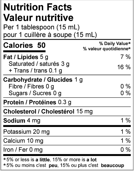  Nutritional Facts for 1L CARTON NORTHUMBERLAND 35% CRÈME FOUETTÉE