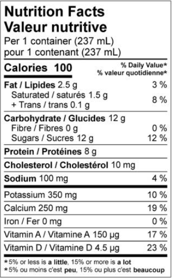  Nutritional Facts for 237ML MILK 1% SEALTEST