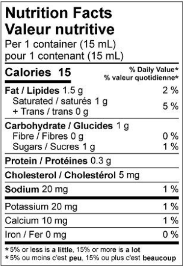  Nutritional Facts for 100X15ML  CRÈME 10% NATREL