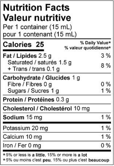  Nutritional Facts for 200X15ML CRÈME 18% NATREL 