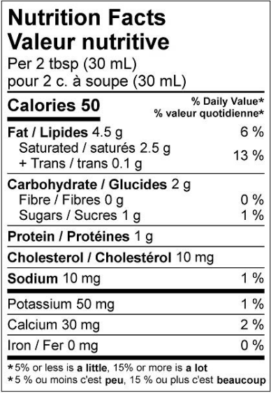 Nutritional Facts for Natrel Crème Sure 14% (10L)