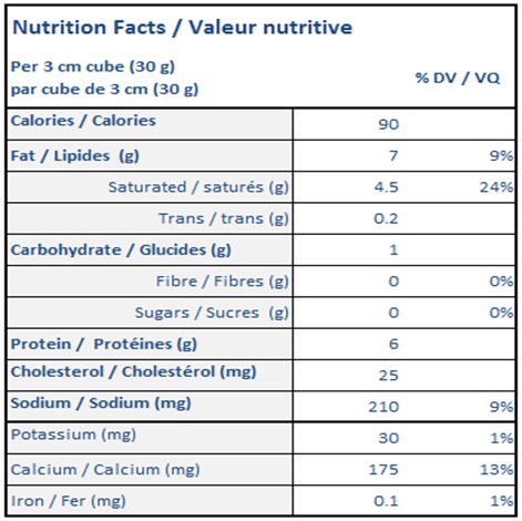  Nutritional Facts for CAMEMBERT L'EXTRA 8 X 170GR