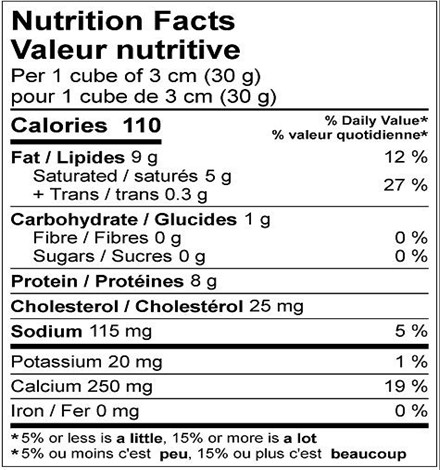  Nutritional Facts for SWISS CHEESE, 30%M.F. 40%MOIST., RDM 4X2.5KG