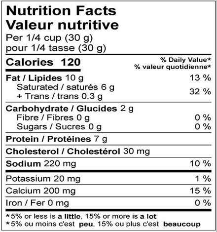  Nutritional Facts for 3KG CHEDDAR FORT BLANC RÂPÉ