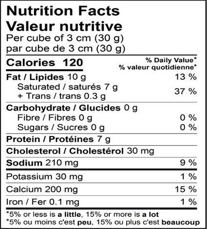  Nutritional Facts for FROMAGE CHEDDAR DOUX MARBRÉ, 34%M.G. 39%HUM., 2X2.27KG