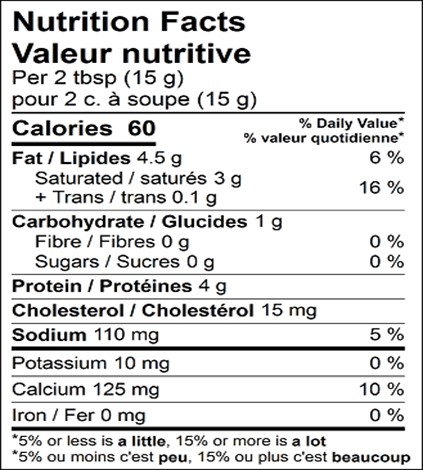  Nutritional Facts for FROMAGE AFFINE A PATE DURE TYPE PARMESAN RÂPÉ FIN,30%MG37%HUM,2X2.27KG