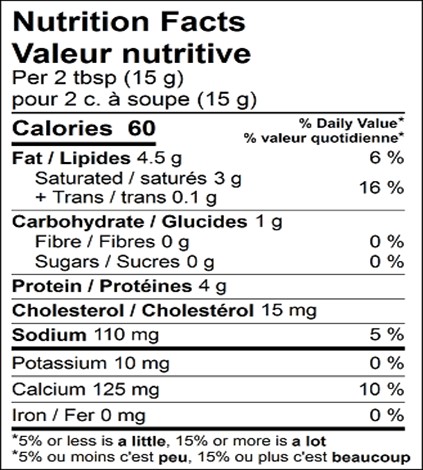  Nutritional Facts for ANGEL HAIR HARD & RIPENED PARMESAN TYPE CHEESE, 30%MF 37%MOIST,2X2.27KG