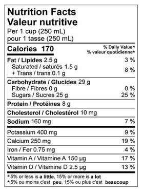  Nutritional Facts for 3L SEALTEST LAIT CHOCOLAT