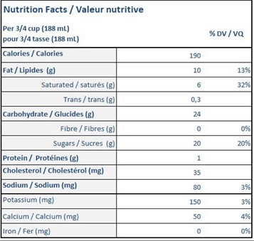  Nutritional Facts for 1.5L SCOTSBURN CRÈME À L'ORANGE 