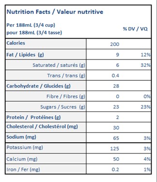  Nutritional Facts for 1.65L CERISE SUPREME ISLAND FARMS 