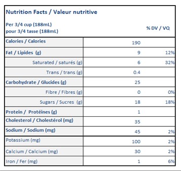  Nutritional Facts for 1.65L CHOCOLAT NOIR RICHE ISLAND FARMS 