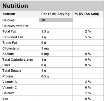  Nutritional Facts for 473ML CRÈME 10% ISLAND FARM