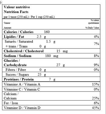  Nutritional Facts for 2L QUÉBON LAIT AU CHOCOLAT 1% PLASTIQUE