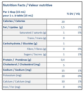  Nutritional Facts for 10L CRÈME 10% NATREL 