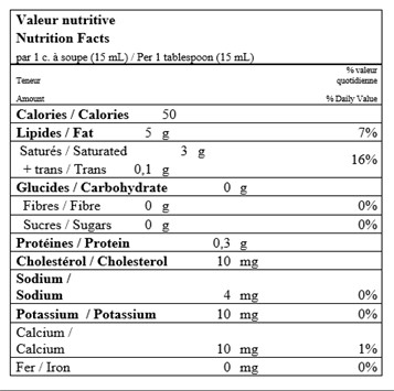  Nutritional Facts for 237ML CRÈME 35% QUEBON