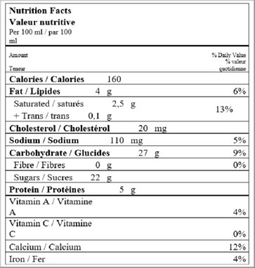 Nutritional Facts for 10L MÉLANGE À CRÈME GLACÉE VANILLE NATREL 