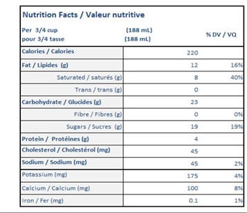  Nutritional Facts for 11.4L NATREL SANS LACTOSE VRAIMENT VANILLE