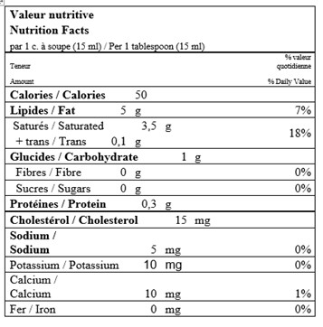  Nutritional Facts for 1LT CRÈME CUISSON 35% QUEBON
