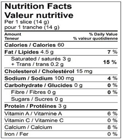  Nutritional Facts for FROMAGE CHEDDAR MI-FORT TRANCHE 14G,34%M.G.,39%HUM.,12X670G