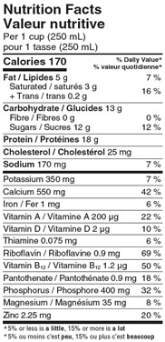  Nutritional Facts for 2L 2% NATREL PLUS MILK CHOCOLATE
