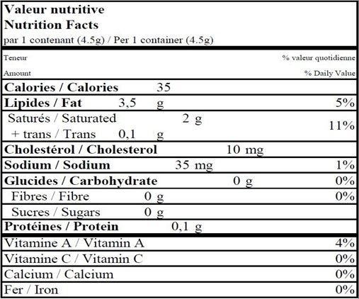  Nutritional Facts for 4.5G X300 BEURRE FOUETTÉ NATREL