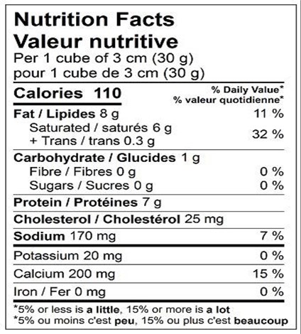  Nutritional Facts for OKA RACLETTE ROUND 1 X 3KG