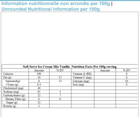  Nutritional Facts for 2L VANILLA ICE CREAM MIX GREEN 