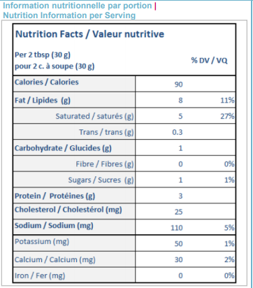  Nutritional Facts for 2KG NATREL FROMAGE À LA CRÈME