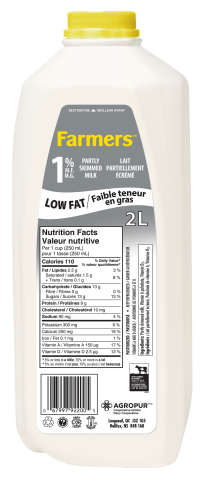 Partly skimmed homogenized milk containing 1% milk fat and at least 8.25% of non fat milk solids.