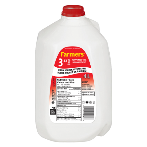  Nutritional Facts for Farmers Milk Jug 3.25% (4L)