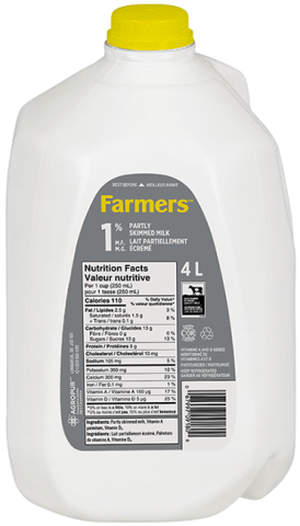 Partly skimmed homogenized milk containing 1% milk fat and at least 8.25% of non fat milk solids.