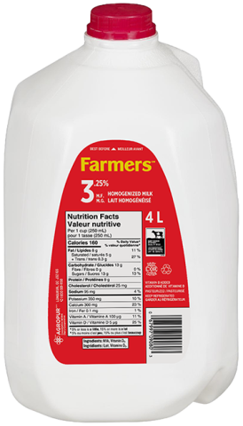 Nutritional Facts for Farmers Milk Jug 3.25% (4L)