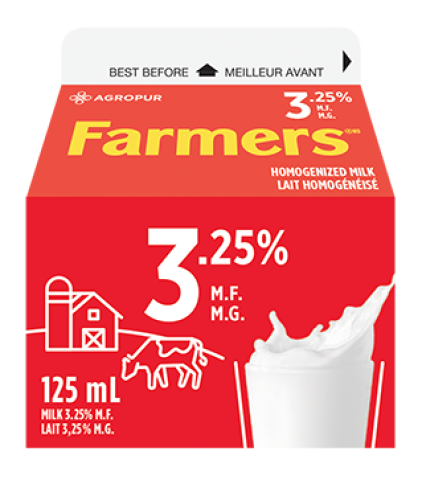 Homogenized milk containing 3.25% milk fat and at least 8.25% of non fat milk solids.