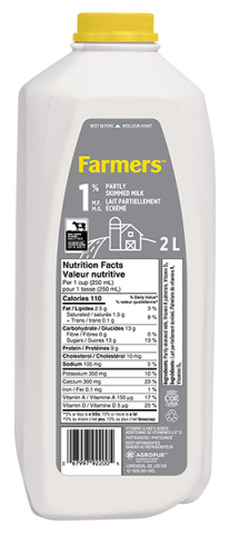 Lait partiellement écrémé homogénéisé contenant 1% de matières grasses et au moins 8.25% de solides non gras.