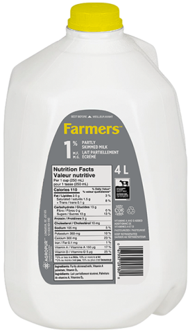 Partly skimmed homogenized milk containing 1% milk fat and at least 8.25% of non fat milk solids.