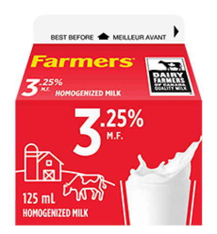 Lait homogénéisé contenant 3.25% de matières grasses et au moins 8.25% de solides non gras.